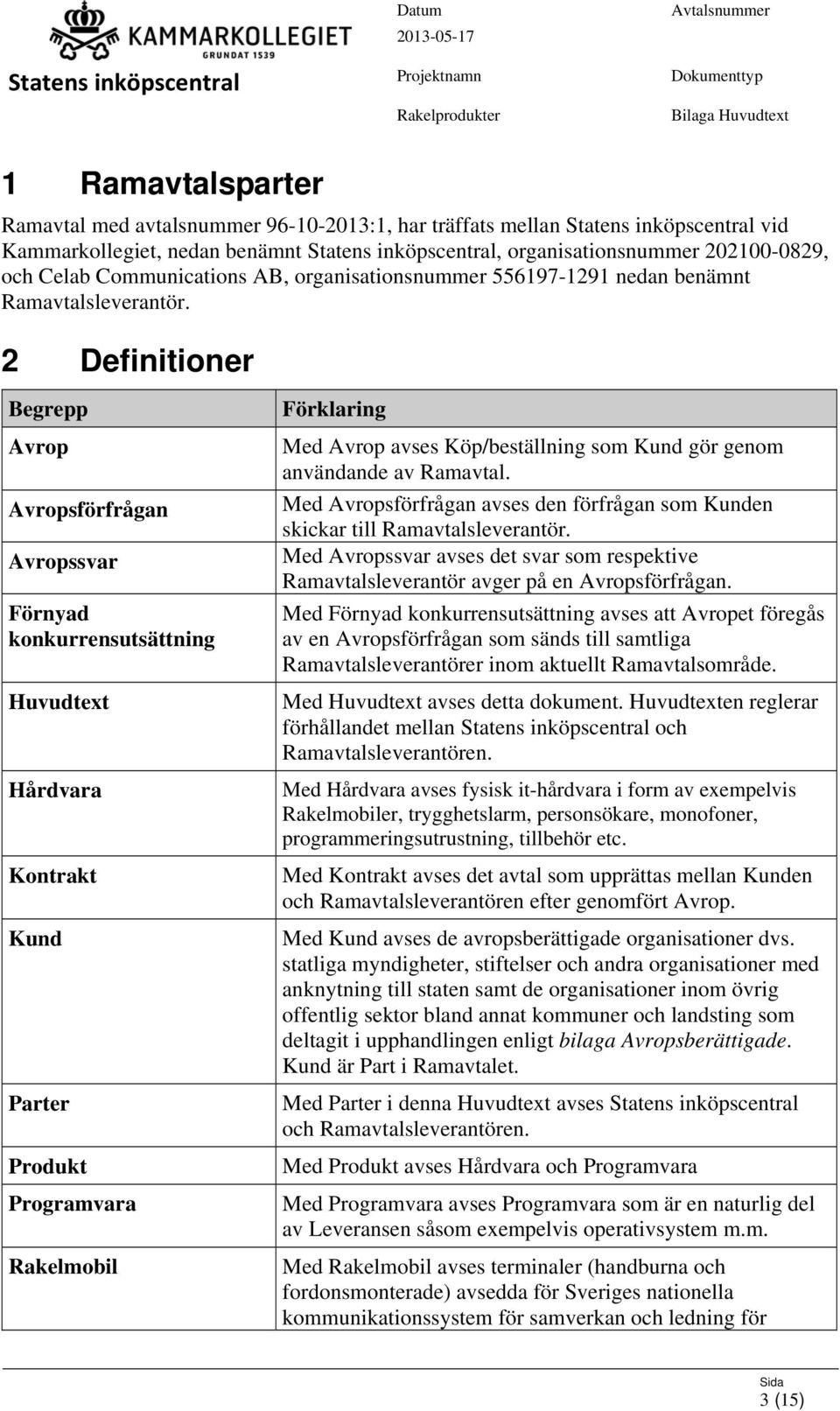 2 Definitioner Begrepp Avrop Avropsförfrågan Avropssvar Förnyad konkurrensutsättning Huvudtext Hårdvara Kontrakt Kund Parter Produkt Programvara Rakelmobil Förklaring Med Avrop avses Köp/beställning