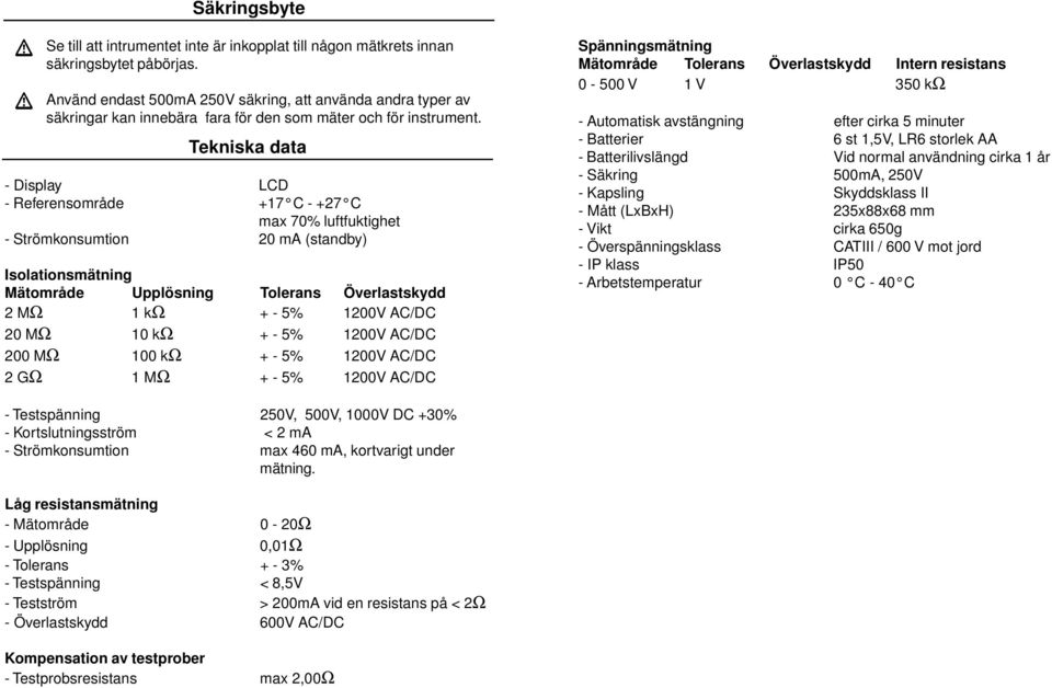 Tekniska data - Display LCD - Referensområde +17 C - +27 C max 70% luftfuktighet - Strömkonsumtion 20 ma (standby) Isolationsmätning Mätområde Upplösning Tolerans Överlastskydd 2 MΩ 1 kω + - 5% 1200V