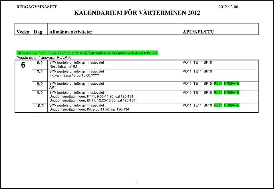 ??? 8/2 SYV jourtelefon inför gymnasievalet APT 9/2 SYV jourtelefon inför gymnasievalet Ungdomsmottagningen, FT11, 9.50-11.