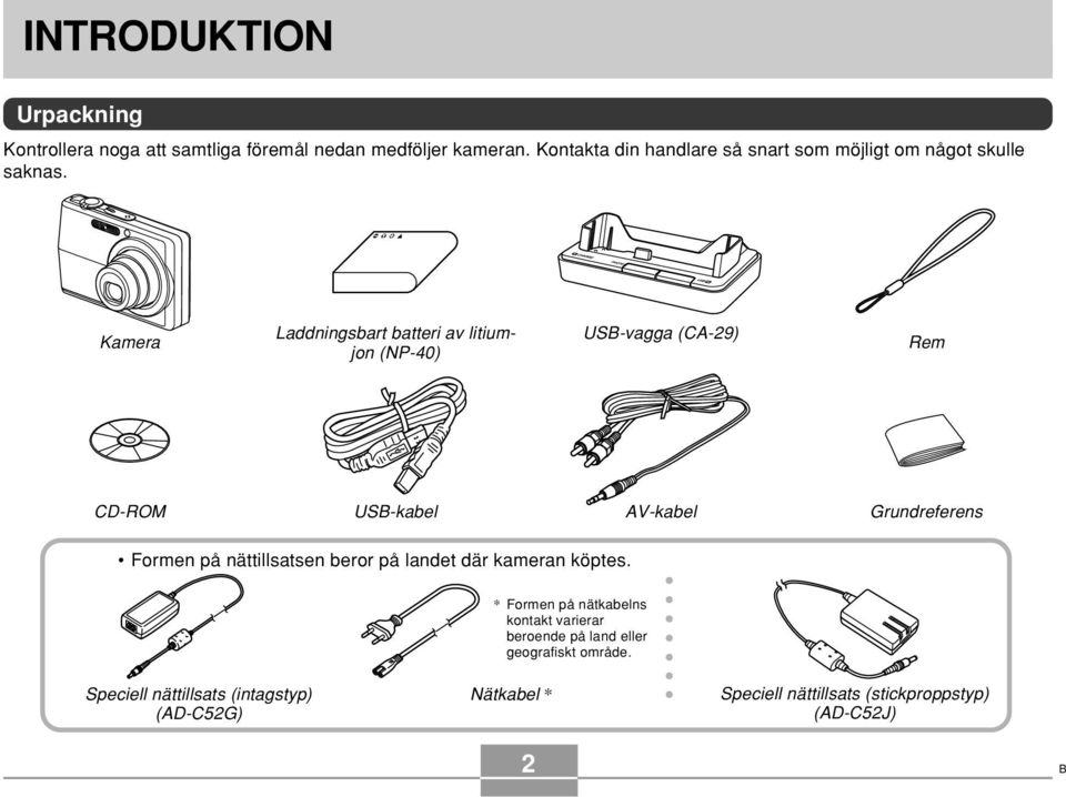 Kamera Laddningsbart batteri av litiumjon (NP-40) USB-vagga (CA-29) Rem CD-ROM USB-kabel AV-kabel Grundreferens Formen på