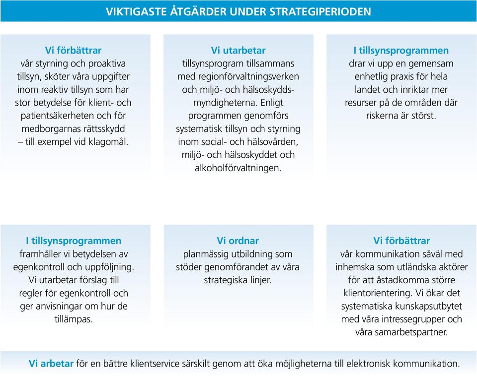 Enligt programmen genomförs systematisk tillsyn och styrning inom social- och hälsovården, miljö- och hälsoskyddet och alkoholförvaltningen.