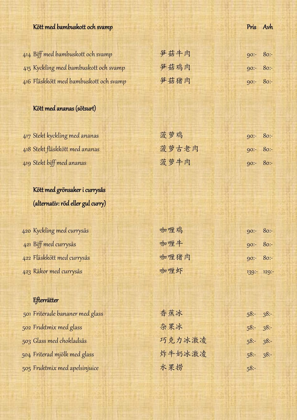 currysås (alternativ: röd eller gul curry) 420 Kyckling med currysås 咖 喱 鸡 90:- 80:- 421 Biff med currysås 咖 喱 牛 90:- 80:- 422 Fläskkött med currysås 咖 喱 猪 肉 90:- 80:- 423 Räkor med currysås 咖 喱 虾