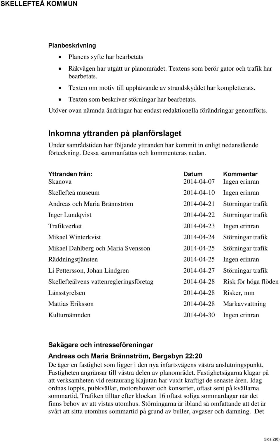 Inkomna yttranden på planförslaget Under samrådstiden har följande yttranden har kommit in enligt nedanstående förteckning. Dessa sammanfattas och kommenteras nedan.