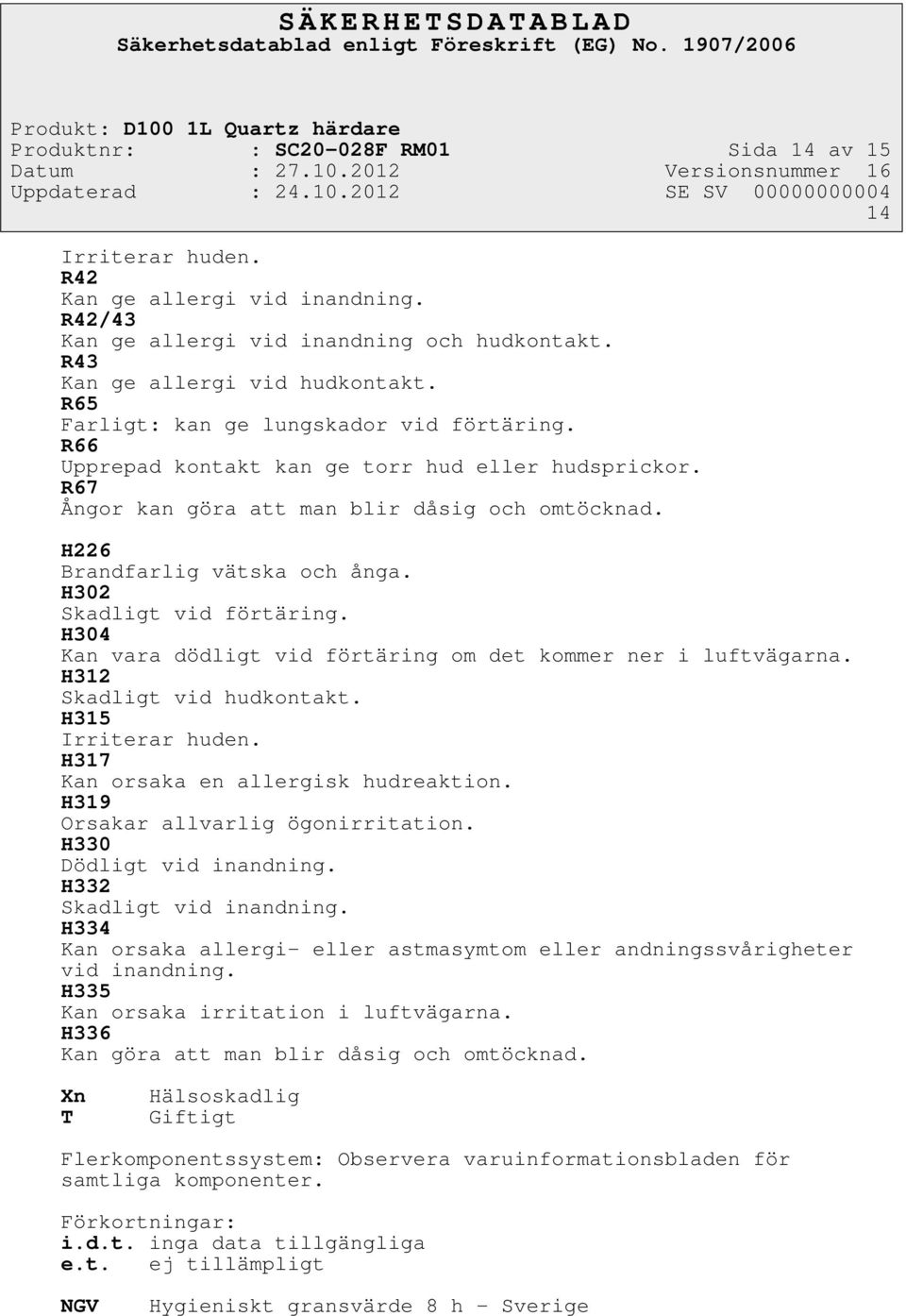 H302 Skadligt vid förtäring. H304 Kan vara dödligt vid förtäring om det kommer ner i luftvägarna. H312 Skadligt vid hudkontakt. H315 Irriterar huden. H317 Kan orsaka en allergisk hudreaktion.