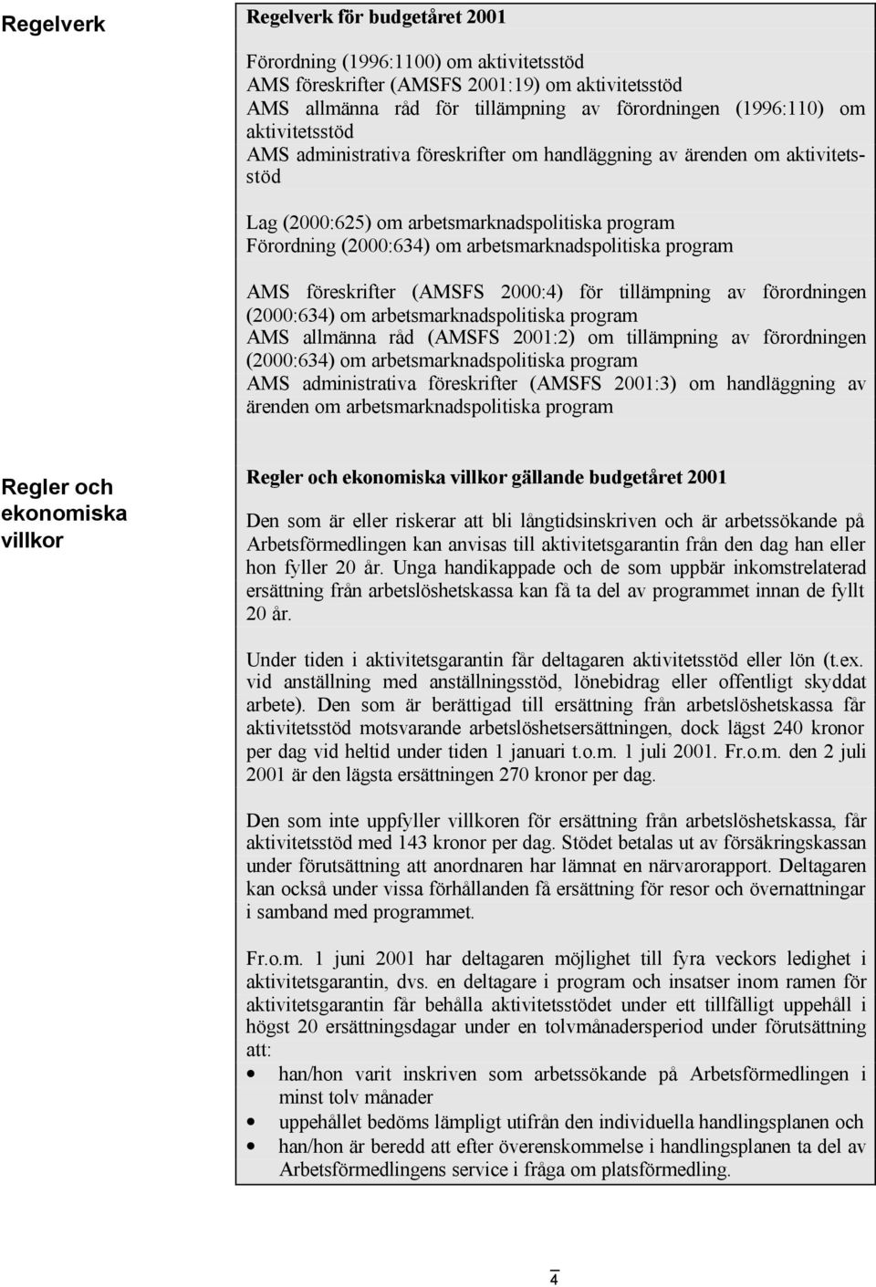 AMS föreskrifter (AMSFS 2000:4) för tillämpning av förordningen (2000:634) om arbetsmarknadspolitiska program AMS allmänna råd (AMSFS 2001:2) om tillämpning av förordningen (2000:634) om