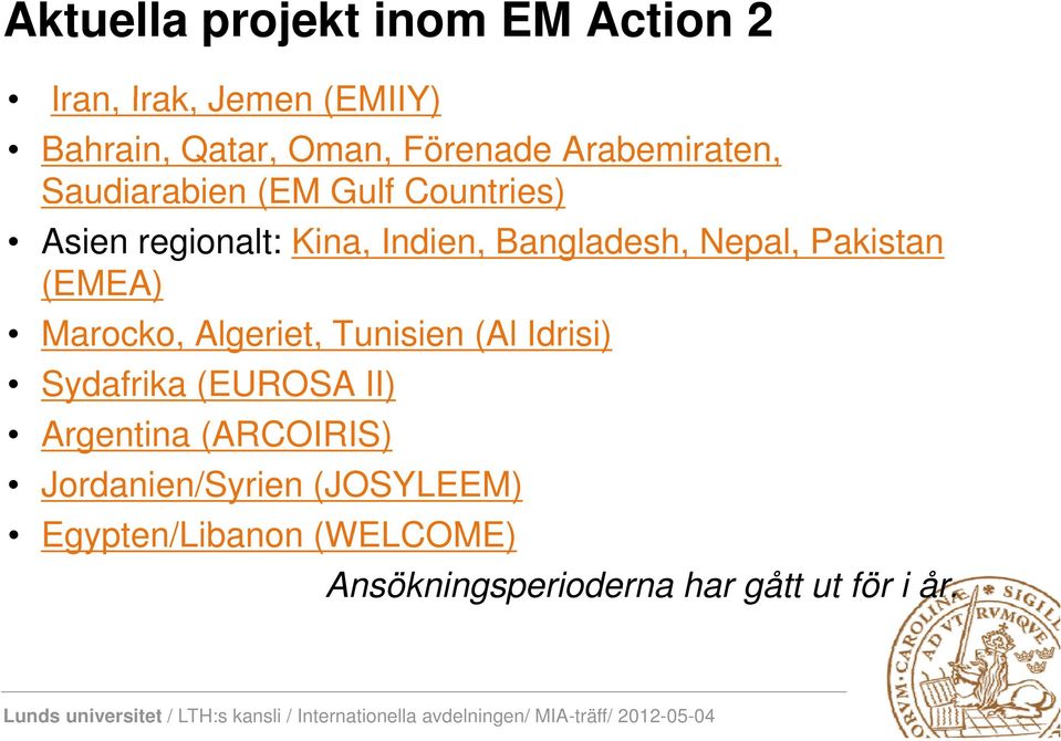 Nepal, Pakistan (EMEA) Marocko, Algeriet, Tunisien (Al Idrisi) Sydafrika (EUROSA II) Argentina