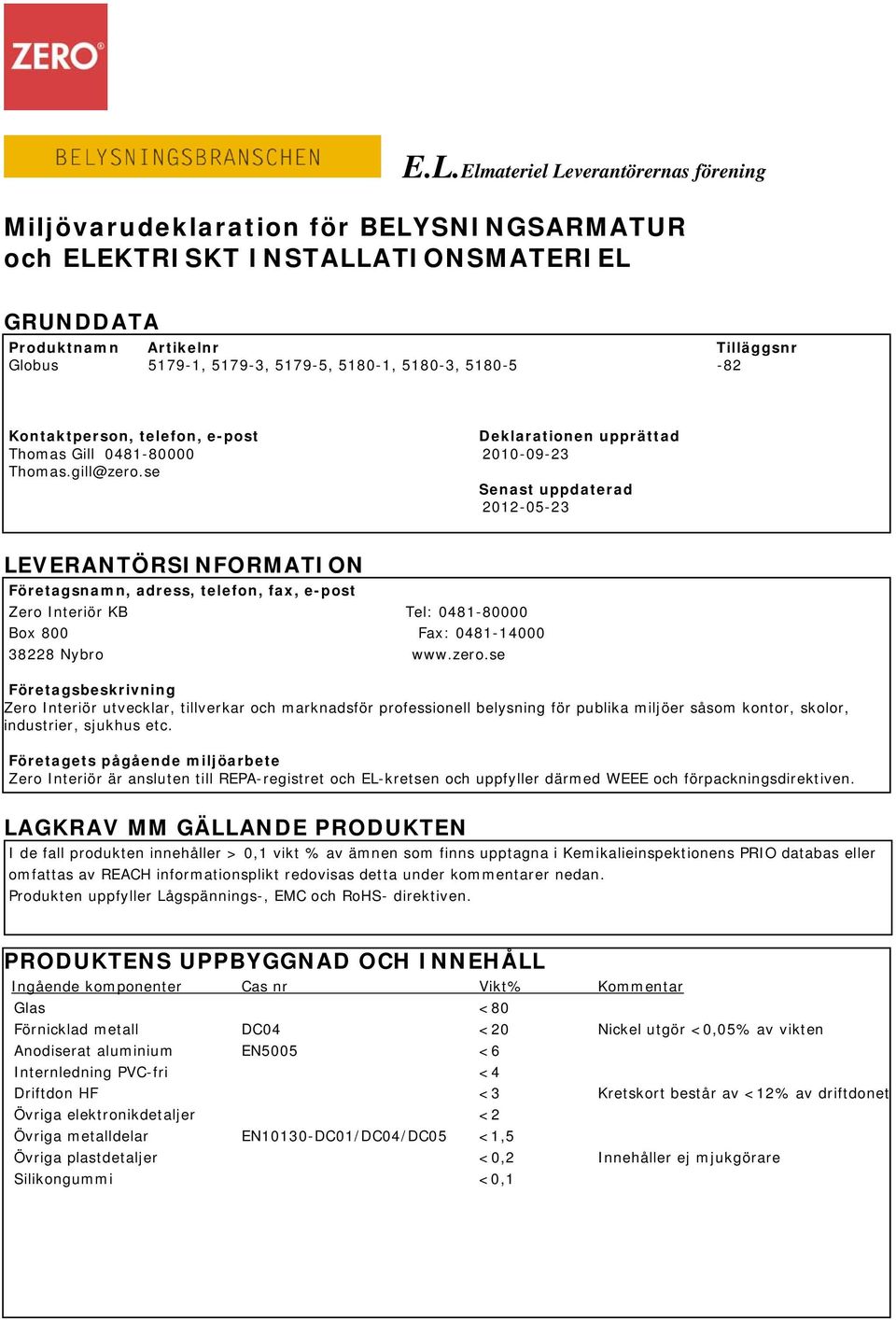 se Senast uppdaterad 2012-05-23 LEVERANTÖRSINFORMATION Företagsnamn, adress, telefon, fax, e-post Zero Interiör KB Tel: 0481-80000 Box 800 Fax: 0481-14000 38228 Nybro www.zero.