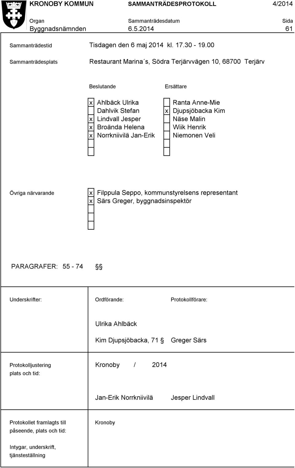 Malin x Broända Helena Wiik Henrik x Norrkniivilä Jan-Erik Niemonen Veli Övriga närvarande x Filppula Seppo, kommunstyrelsens representant x Särs Greger, byggnadsinspektör PARAGRAFER: 55-74