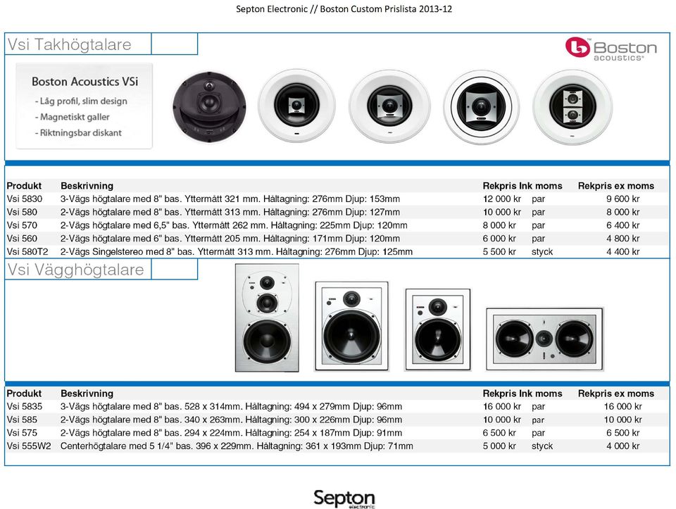 Yttermått 205 mm. Håltagning: 171mm Djup: 120mm 6 000 kr par 4 800 kr Vsi 580T2 2-Vägs Singelstereo med 8" bas. Yttermått 313 mm.