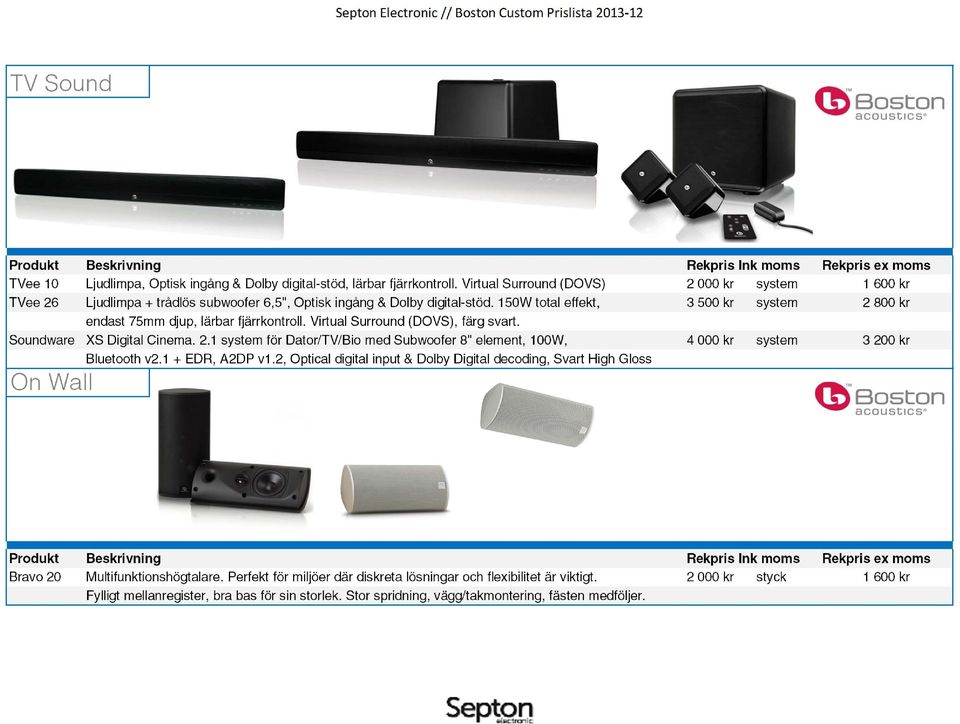 150W total effekt, 3 500 kr system 2 800 kr endast 75mm djup, lärbar fjärrkontroll. Virtual Surround (DOVS), färg svart. Soundware XS Digital Cinema. 2.1 system för Dator/TV/Bio med Subwoofer 8" element, 100W, 4 000 kr system 3 200 kr Bluetooth v2.