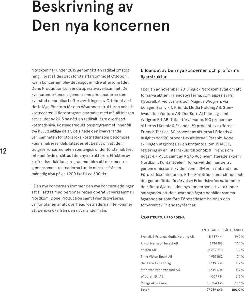 De kvarvarande koncerngemensamma kostnaderna som kvarstod omedelbart efter avyttringen av Ottoboni var i detta läge för stora för den dåvarande strukturen och ett kostnadsreduktionsprogram startades