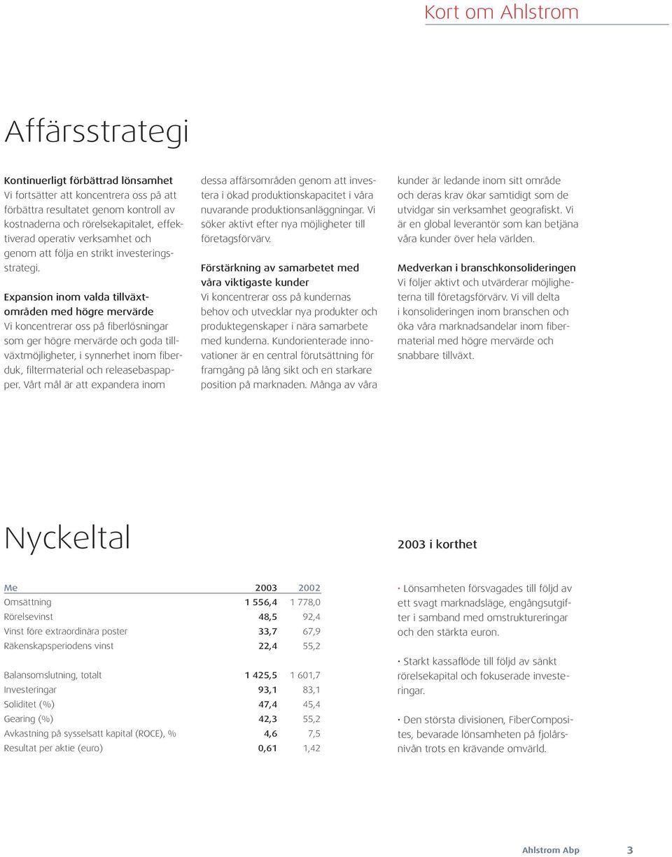 Expansion inom valda tillväxtområden med högre mervärde Vi koncentrerar oss på fiberlösningar som ger högre mervärde och goda tillväxtmöjligheter, i synnerhet inom fiberduk, filtermaterial och