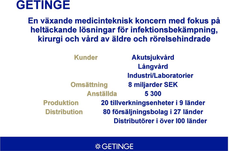 Långvård Industri/Laboratorier Omsättning 8 miljarder SEK Anställda 5 300 Produktion 20