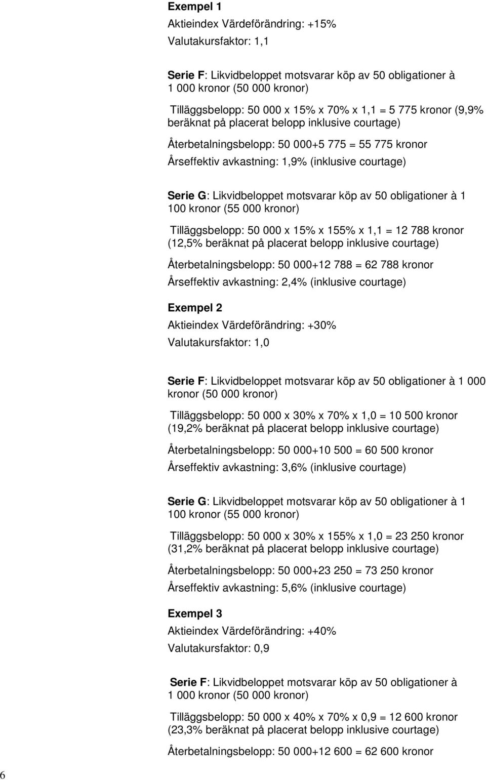 köp av 50 obligationer à 1 100 kronor (55 000 kronor) Tilläggsbelopp: 50 000 x 15% x 155% x 1,1 = 12 788 kronor (12,5% beräknat på placerat belopp inklusive courtage) Återbetalningsbelopp: 50 000+12