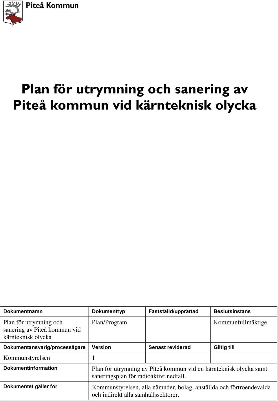 Kommunstyrelsen 1 Dokumentinformation Dokumentet gäller för Kommunfullmäktige Plan för utrymning av Piteå kommun vid en kärnteknisk olycka