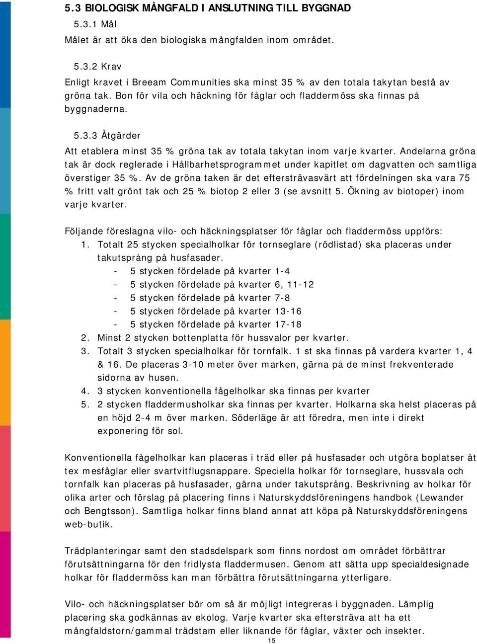 Andelarna gröna tak är dock reglerade i Hållbarhetsprogrammet under kapitlet om dagvatten och samtliga överstiger 35 %.