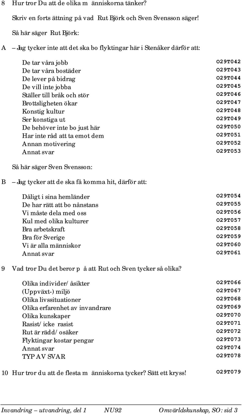 Brottsligheten ökar Konstig kultur Ser konstiga ut De behöver inte bo just här Har inte råd att ta emot dem Annan motivering O29T042 O29T043 O29T044 O29T045 O29T046 O29T047 O29T048 O29T049 O29T050