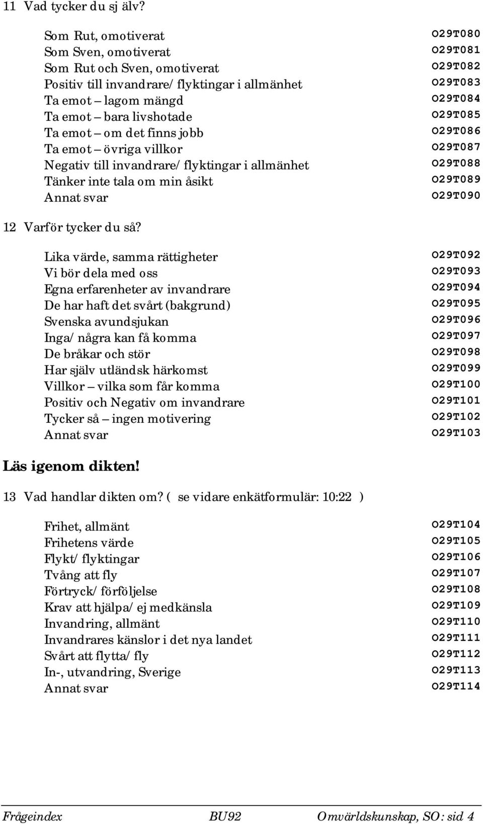 övriga villkor Negativ till invandrare/flyktingar i allmänhet Tänker inte tala om min åsikt O29T080 O29T081 O29T082 O29T083 O29T084 O29T085 O29T086 O29T087 O29T088 O29T089 O29T090 12 Varför tycker du