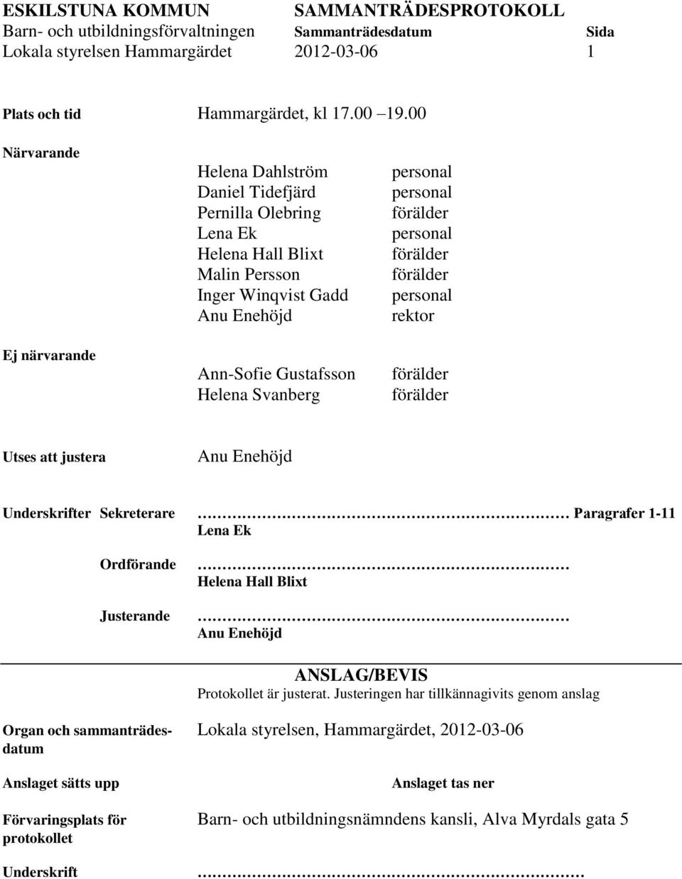 Helena Svanberg rektor Utses att justera Underskrifter Sekreterare Paragrafer 1-11 Lena Ek Ordförande Justerande Helena Hall Blixt ANSLAG/BEVIS Protokollet är