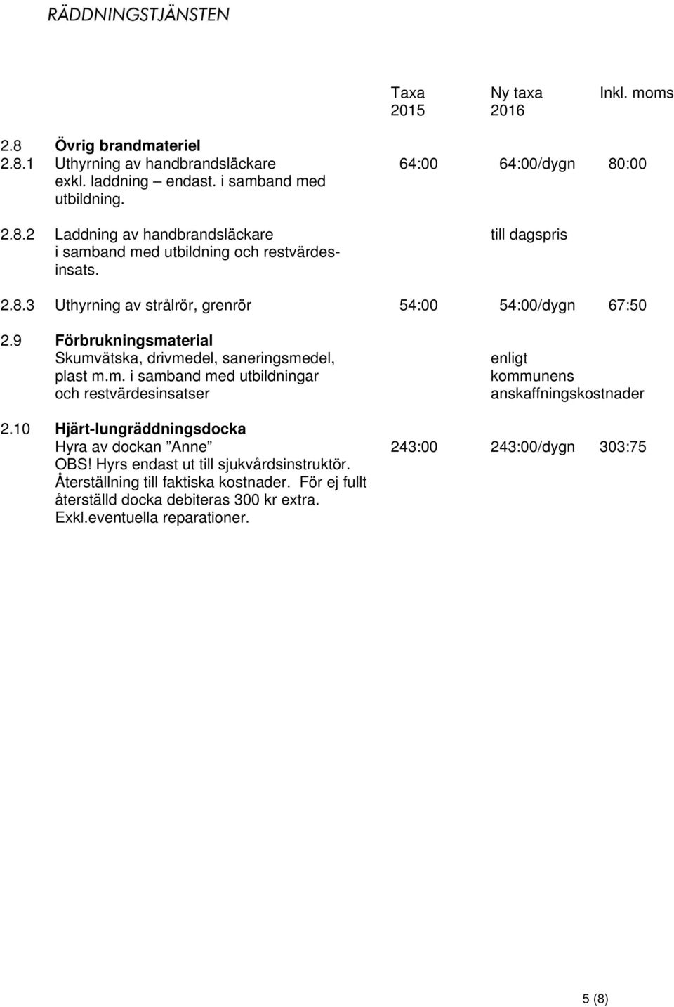 10 Hjärt-lungräddningsdocka Hyra av dockan Anne 243:00 243:00/dygn 303:75 OBS! Hyrs endast ut till sjukvårdsinstruktör. Återställning till faktiska kostnader.