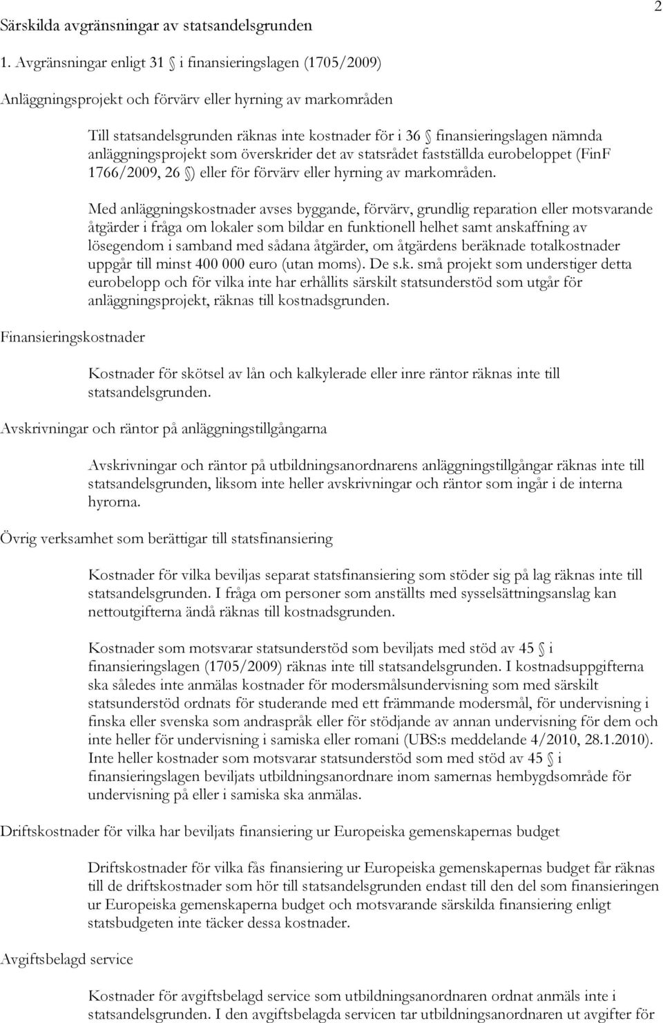 finansieringslagen nämnda anläggningsprojekt som överskrider det av statsrådet fastställda eurobeloppet (FinF 1766/2009, 26 ) eller för förvärv eller hyrning av markområden.