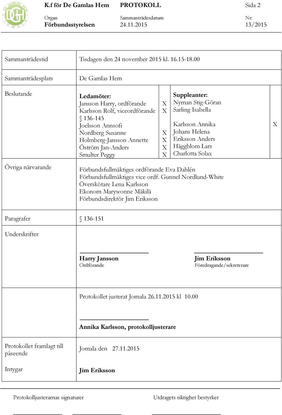 Smulter Peggy X X X X X X Suppleanter: Nyman Stig-Göran Sarling Isabella Karlsson Annika Johans Helena Eriksson Anders Häggblom Lars Charlotta Solax X Övriga närvarande Förbundsfullmäktiges