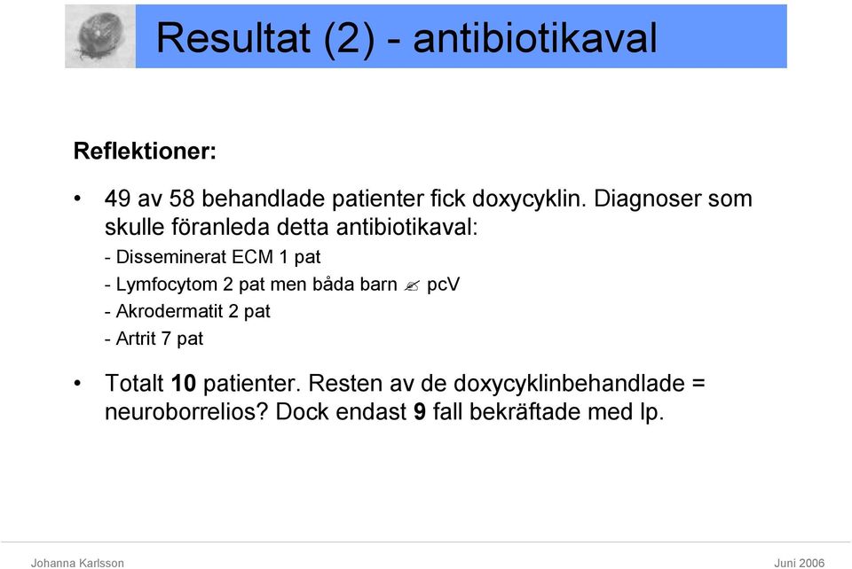 Diagnoser som skulle föranleda detta antibiotikaval: - Disseminerat ECM 1 pat -