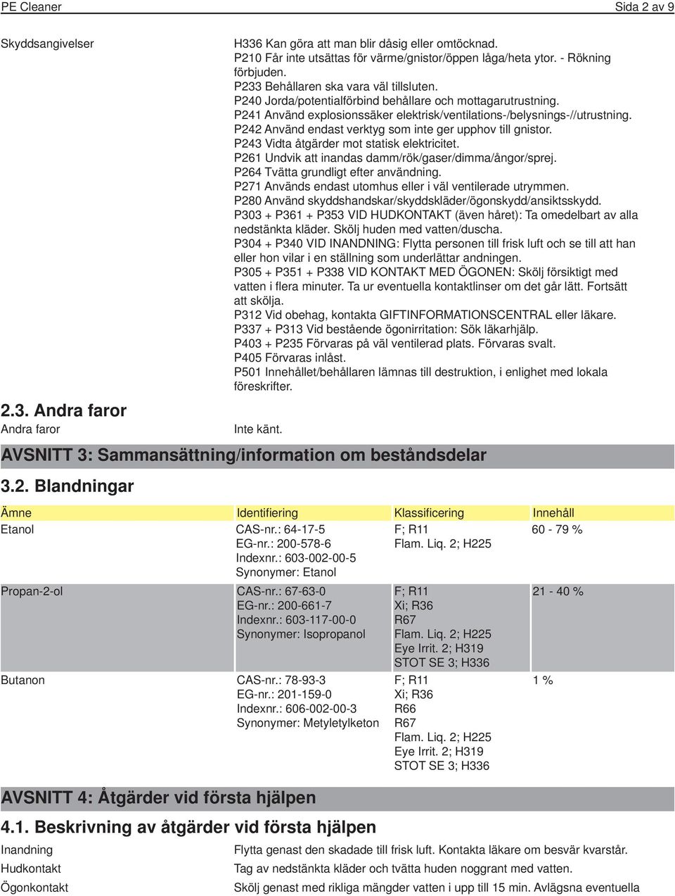 P242 Använd endast verktyg som inte ger upphov till gnistor. P243 Vidta åtgärder mot statisk elektricitet. P261 Undvik att inandas damm/rök/gaser/dimma/ångor/sprej.