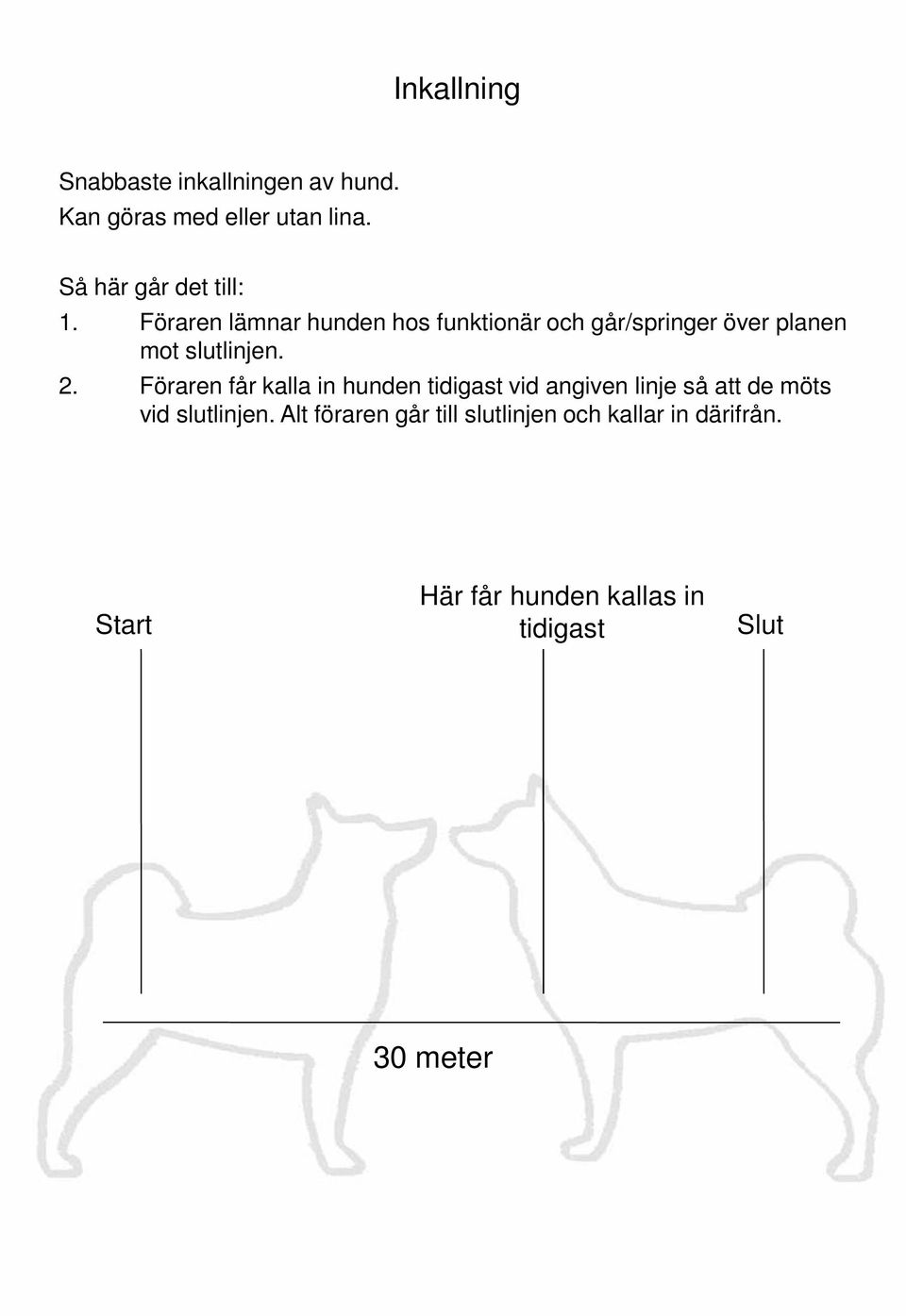 Föraren lämnar hunden hos funktionär och går/springer över planen mot slutlinjen. 2.