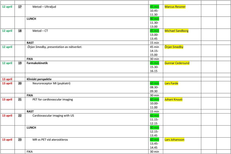 30 13 april Kliniskt perspektiv 13 april 20 Neuroreceptor MI (psykiatri) 13 april 21 PET for cardiovascular imaging 13 april 22