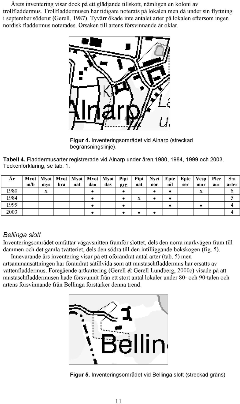 Orsaken till artens försvinnande är oklar. Figur 4. Inventeringsområdet vid Alnarp (streckad begränsningslinje). Tabell 4. Fladdermus registrerade vid Alnarp under åren 1980, 1984, 1999 och 2003.