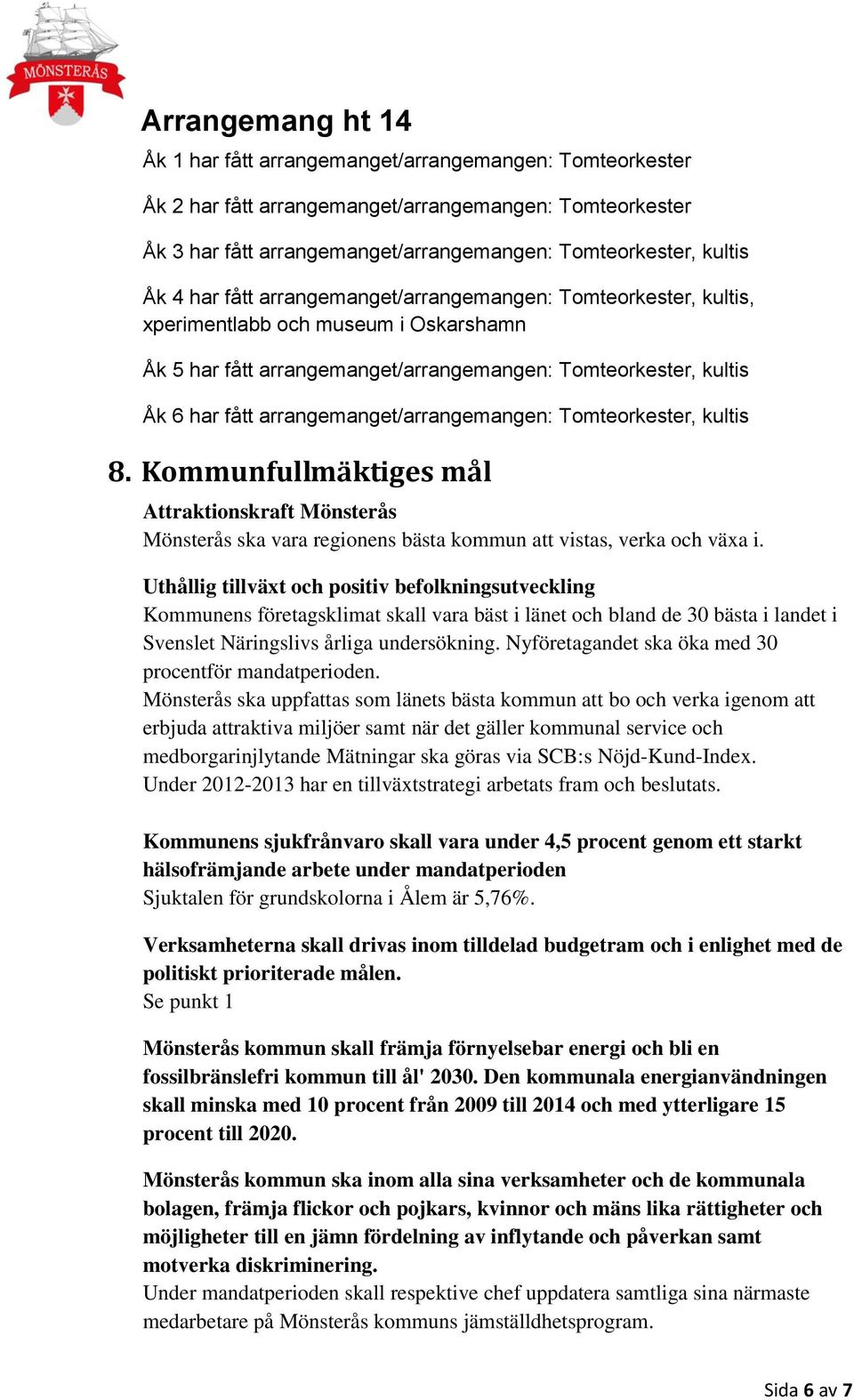 arrangemanget/arrangemangen: Tomteorkester, kultis 8. Kommunfullmäktiges mål Attraktionskraft Mönsterås Mönsterås ska vara regionens bästa kommun att vistas, verka och växa i.
