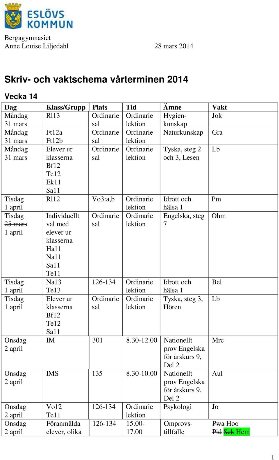 ur Ha11 Na11 Sa11 Te11 Te13 Bf12 Te12 Sa11 126-134 hälsa 1 Engelska, eg 7 Idrott och hälsa 1 Tyska, eg 3, Hören IM 301 8.30-12.