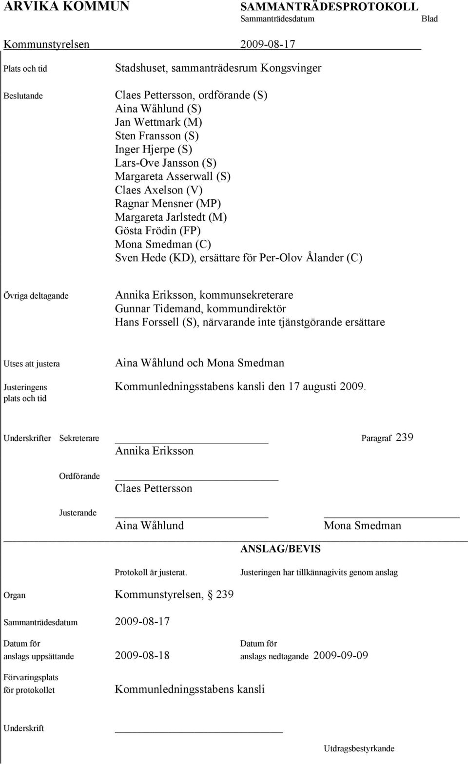 kommunsekreterare Gunnar Tidemand, kommundirektör Hans Forssell (S), närvarande inte tjänstgörande ersättare Utses att justera Aina Wåhlund och Mona Smedman Justeringens Kommunledningsstabens kansli