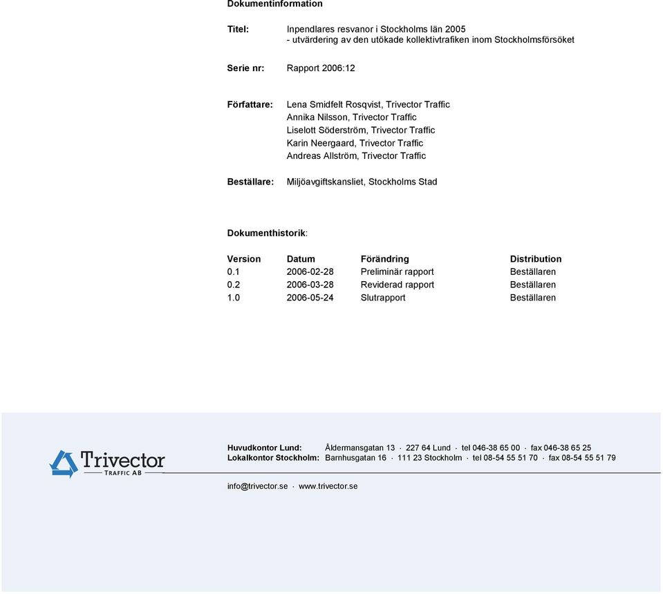 Förändring Distribution 0.1 2006-02-28 Preliminär rapport Beställaren 0.2 2006-03-28 Reviderad rapport Beställaren 1.