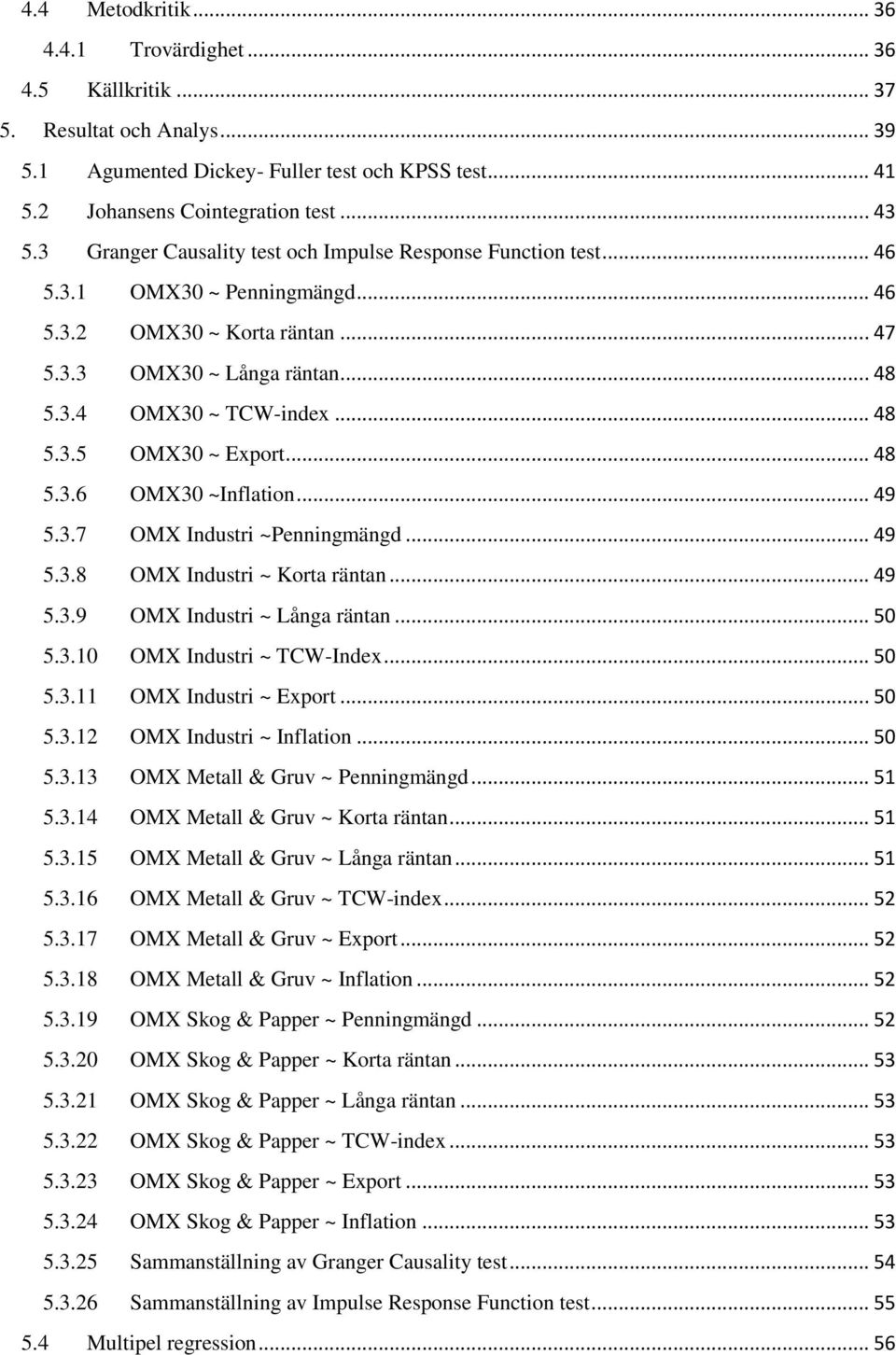 .. 48 5.3.6 OMX3 ~Inflation... 49 5.3.7 OMX Industri ~Penningmängd... 49 5.3.8 OMX Industri ~ Korta räntan... 49 5.3.9 OMX Industri ~ Långa räntan... 5 5.3.1 OMX Industri ~ TCW-Index... 5 5.3.11 OMX Industri ~ Export.