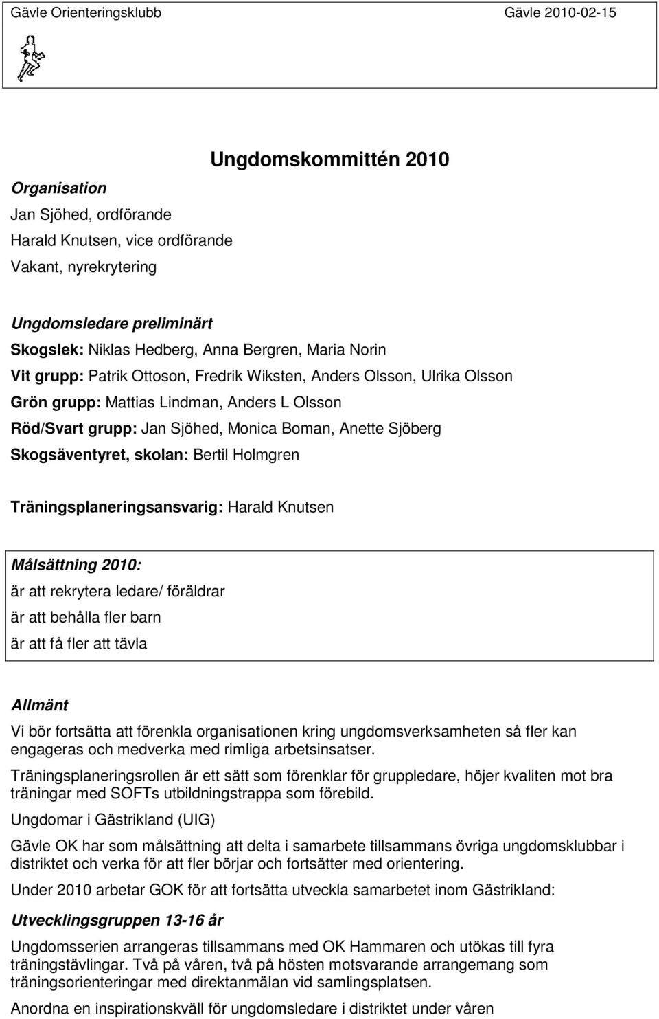 Bertil Holmgren Träningsplaneringsansvarig: Harald Knutsen Målsättning 2010: är att rekrytera ledare/ föräldrar är att behålla fler barn är att få fler att tävla Allmänt Vi bör fortsätta att förenkla
