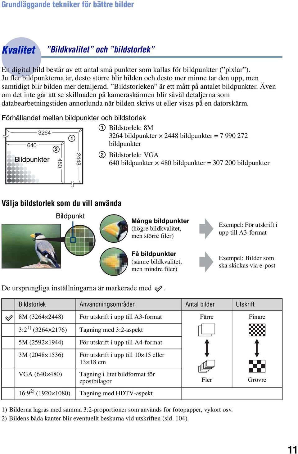 Även om det inte går att se skillnaden på kameraskärmen blir såväl detaljerna som databearbetningstiden annorlunda när bilden skrivs ut eller visas på en datorskärm.