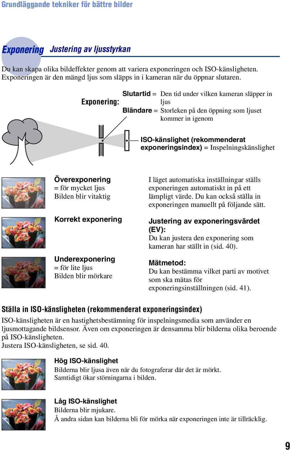 Slutartid = Den tid under vilken kameran släpper in Exponering: ljus Bländare = Storleken på den öppning som ljuset kommer in igenom ISO-känslighet (rekommenderat exponeringsindex) =