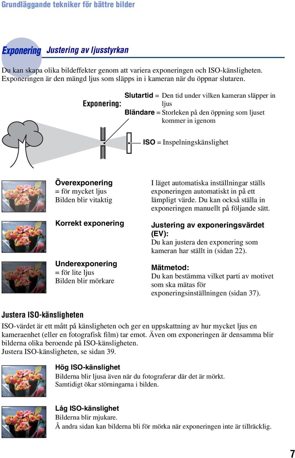 Slutartid = Den tid under vilken kameran släpper in Exponering: ljus Bländare = Storleken på den öppning som ljuset kommer in igenom ISO = Inspelningskänslighet Överexponering = för mycket ljus