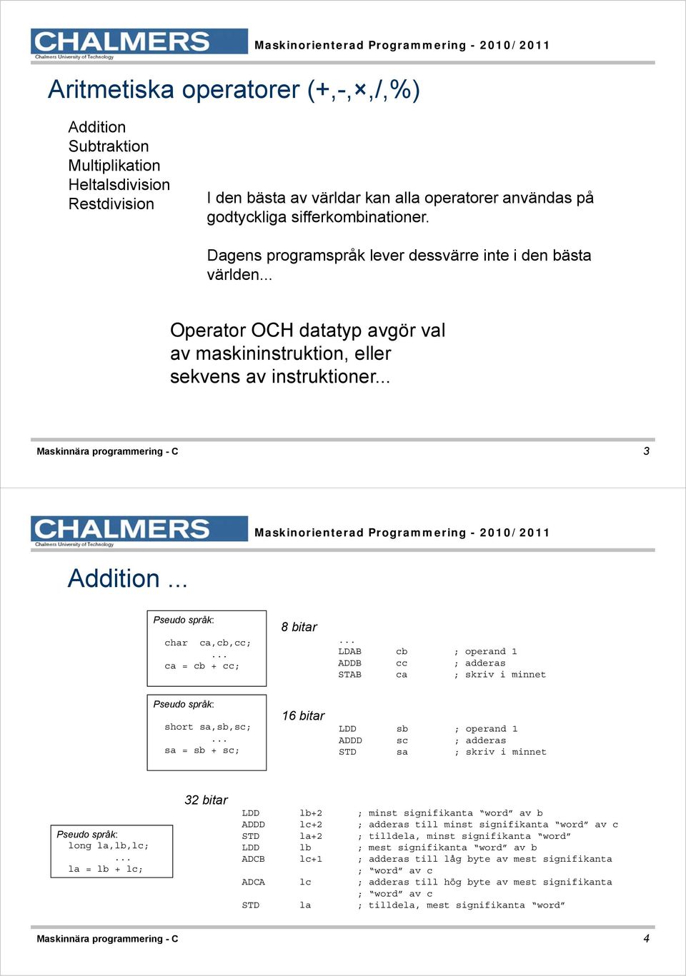 char ca,cb,cc; ca = cb + cc; 8bitar LDAB cb ; operand 1 ADDB cc ; adderas STAB ca ; skriv i minnet Pseudo språk: short sa,sb,sc; sa = sb + sc; 16 bitar LDD sb ; operand 1 ADDD sc ; adderas STD sa ;