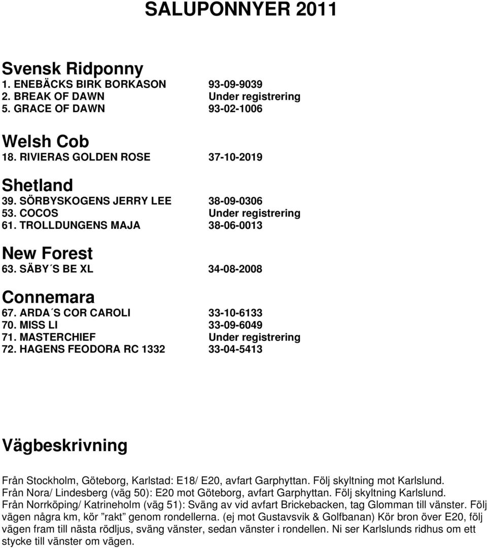 MISS LI 33-09-6049 71. MASTERCHIEF Under registrering 72. HAGENS FEODORA RC 1332 33-04-5413 Vägbeskrivning Från Stockholm, Göteborg, Karlstad: E18/ E20, avfart Garphyttan.