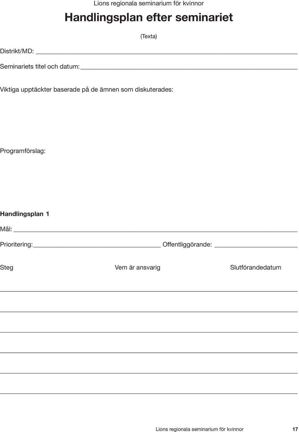 som diskuterades: Programförslag: Handlingsplan 1 Mål: Prioritering: