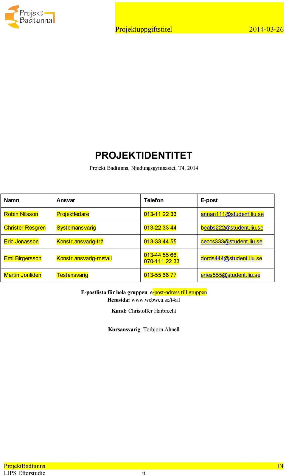 ansvarig-metall 013-44 55 66, 070-111 22 33 dords444@student.liu.se Martin Jonliden Testansvarig 013-55 66 77 eries555@student.liu.se E-postlista för hela gruppen: e-post-adress till gruppen Hemsida: www.