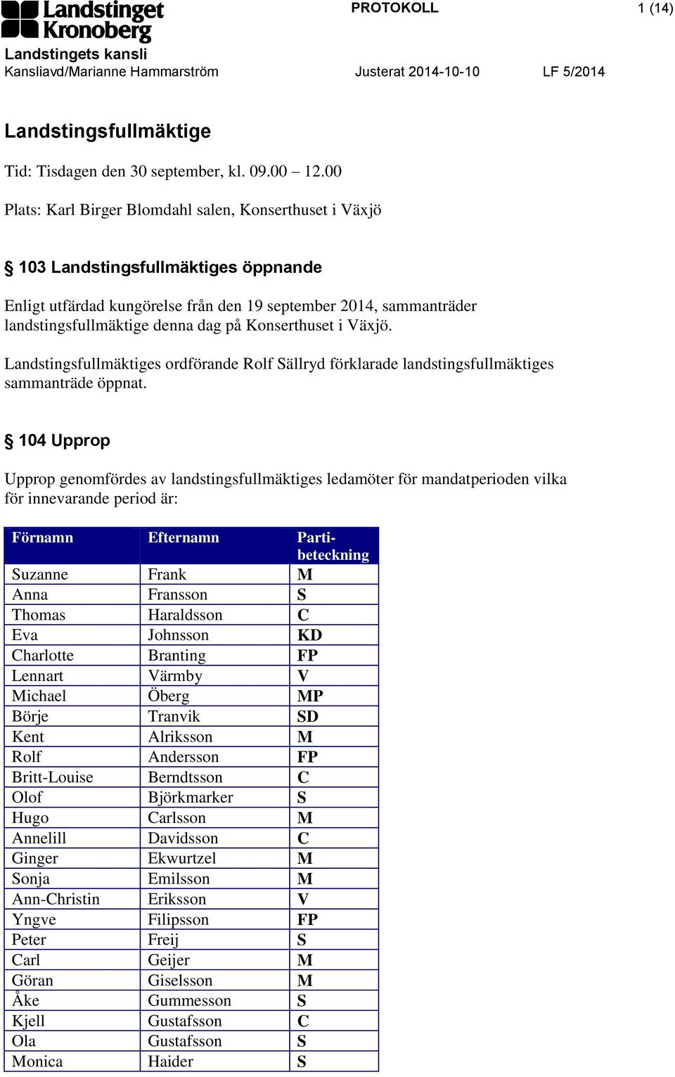 Konserthuset i Växjö. Landstingsfullmäktiges ordförande Rolf Sällryd förklarade landstingsfullmäktiges sammanträde öppnat.