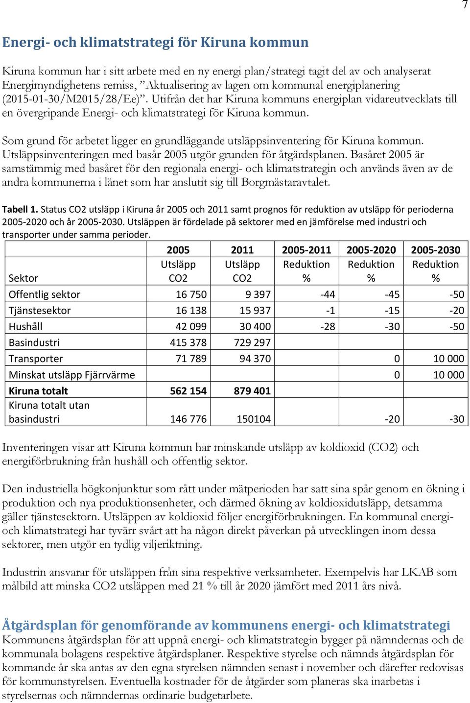 Som grund för arbetet ligger en grundläggande utsläppsinventering för Kiruna kommun. Utsläppsinventeringen med basår 2005 utgör grunden för åtgärdsplanen.