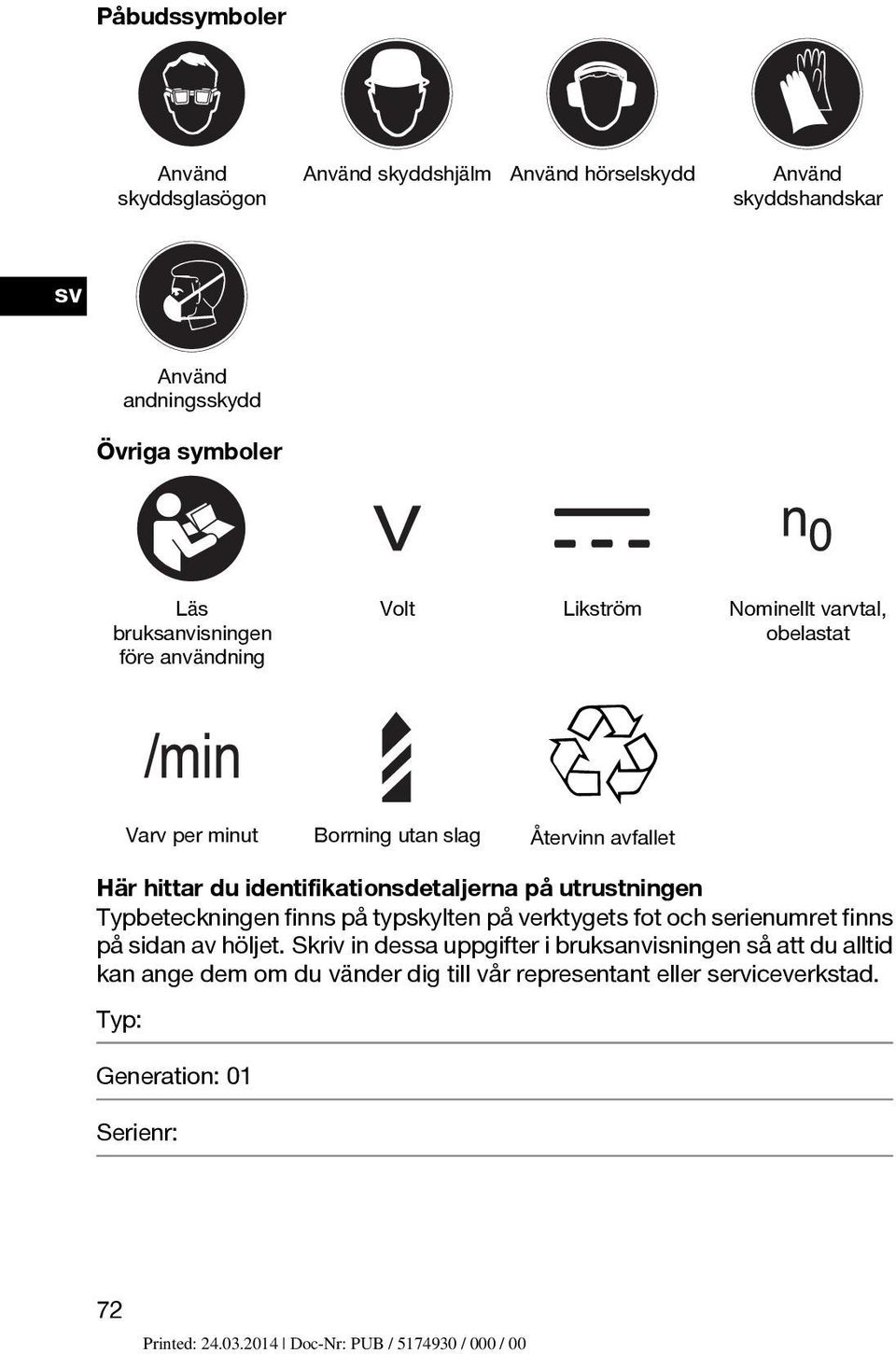 identifikationsdetaljerna på utrustningen Typbeteckningen finns på typskylten på verktygets fot och serienumret finns på sidan av höljet.