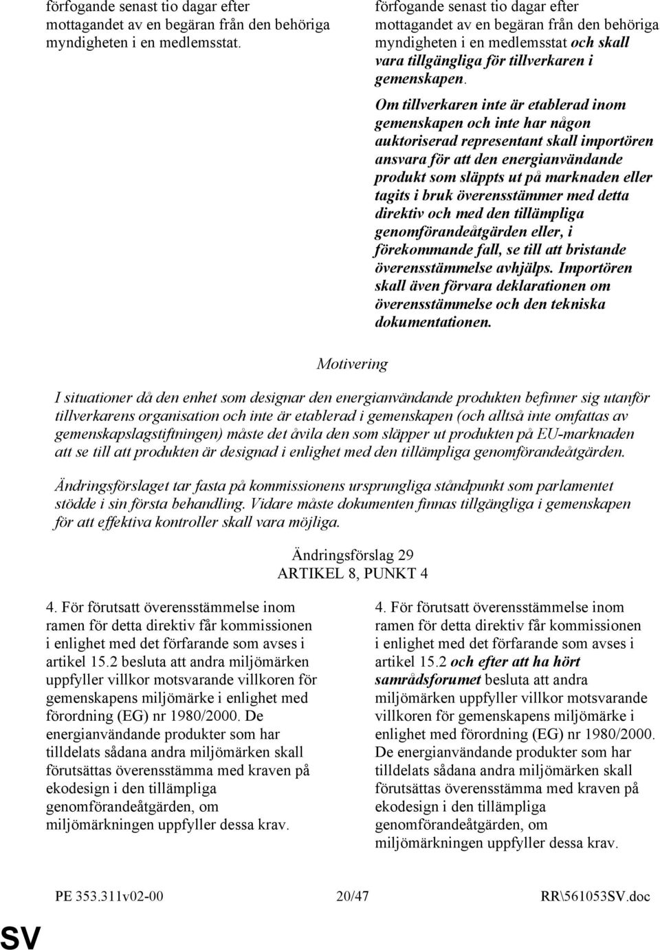 Om tillverkaren inte är etablerad inom gemenskapen och inte har någon auktoriserad representant skall importören ansvara för att den energianvändande produkt som släppts ut på marknaden eller tagits