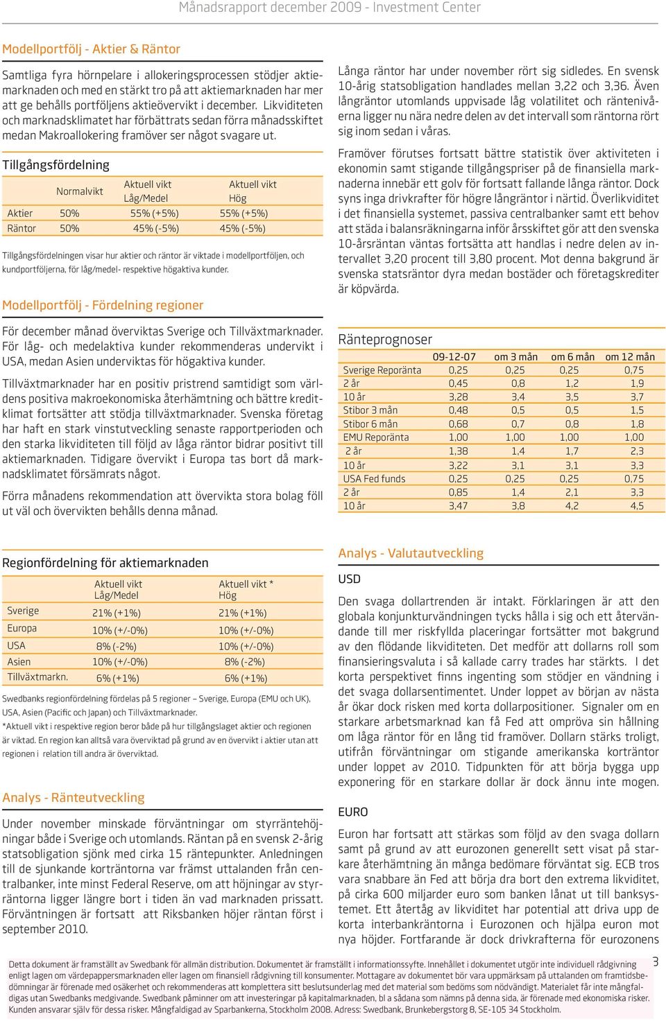 Tillgångsfördelning Normalvikt Låg/Medel Hög Aktier 50% 55% (+5%) 55% (+5%) Räntor 50% 45% (-5%) 45% (-5%) Tillgångsfördelningen visar hur aktier och räntor är viktade i modellportföljen, och