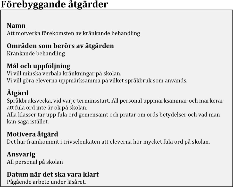 All personal uppmärksammar och markerar att fula ord inte är ok på skolan.